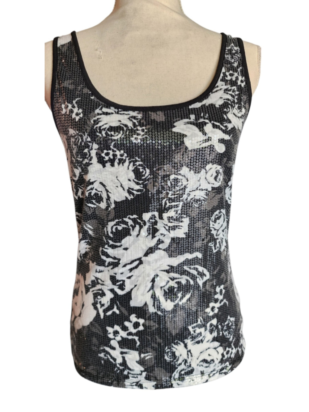 Bongo Y2K Black White Sequin Floral Mesh Tank Top M Scoop Neck Party Club Glam